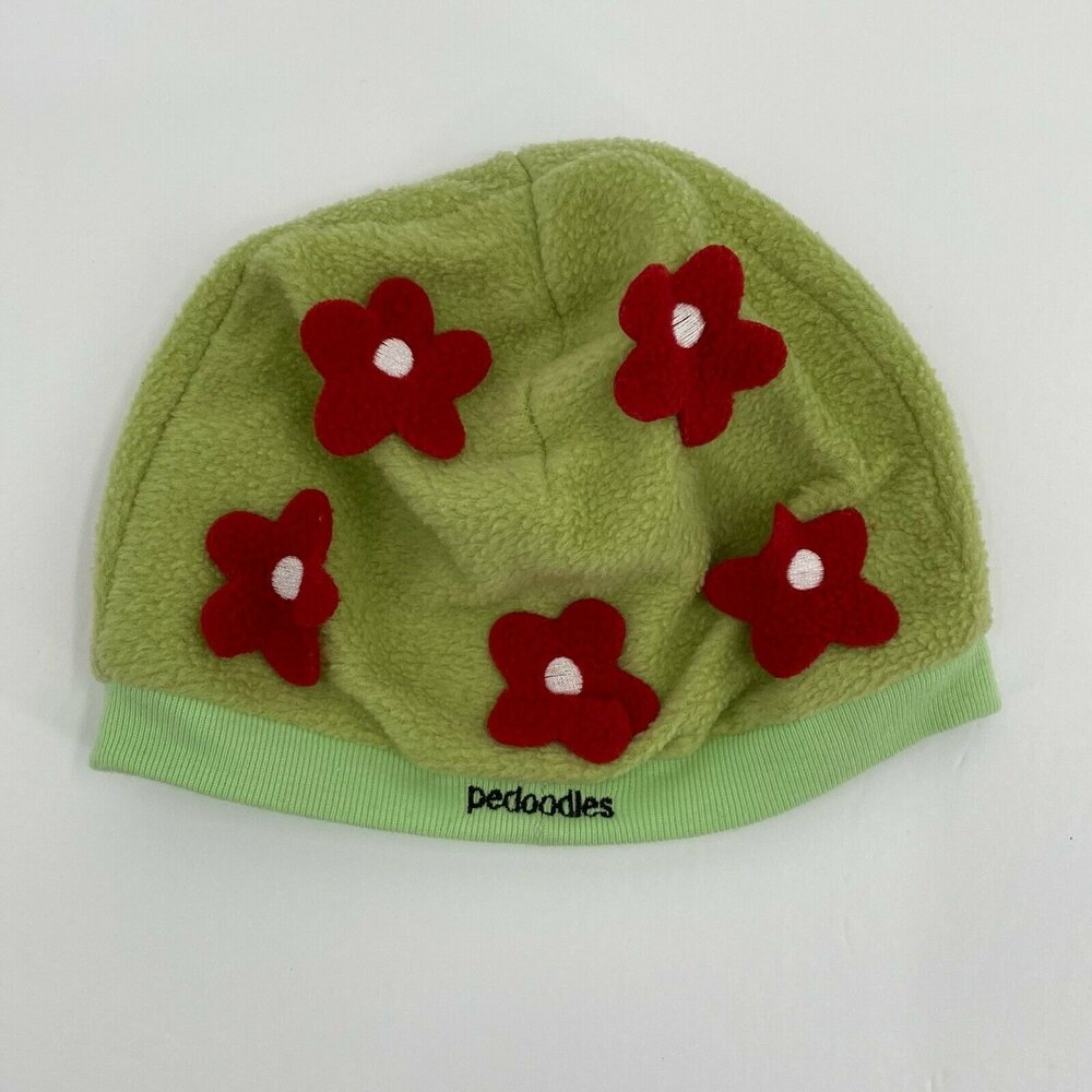 Pedoodles Girls Green Red Floral Fleece Stretch Comfort Beanie Hat Size Small